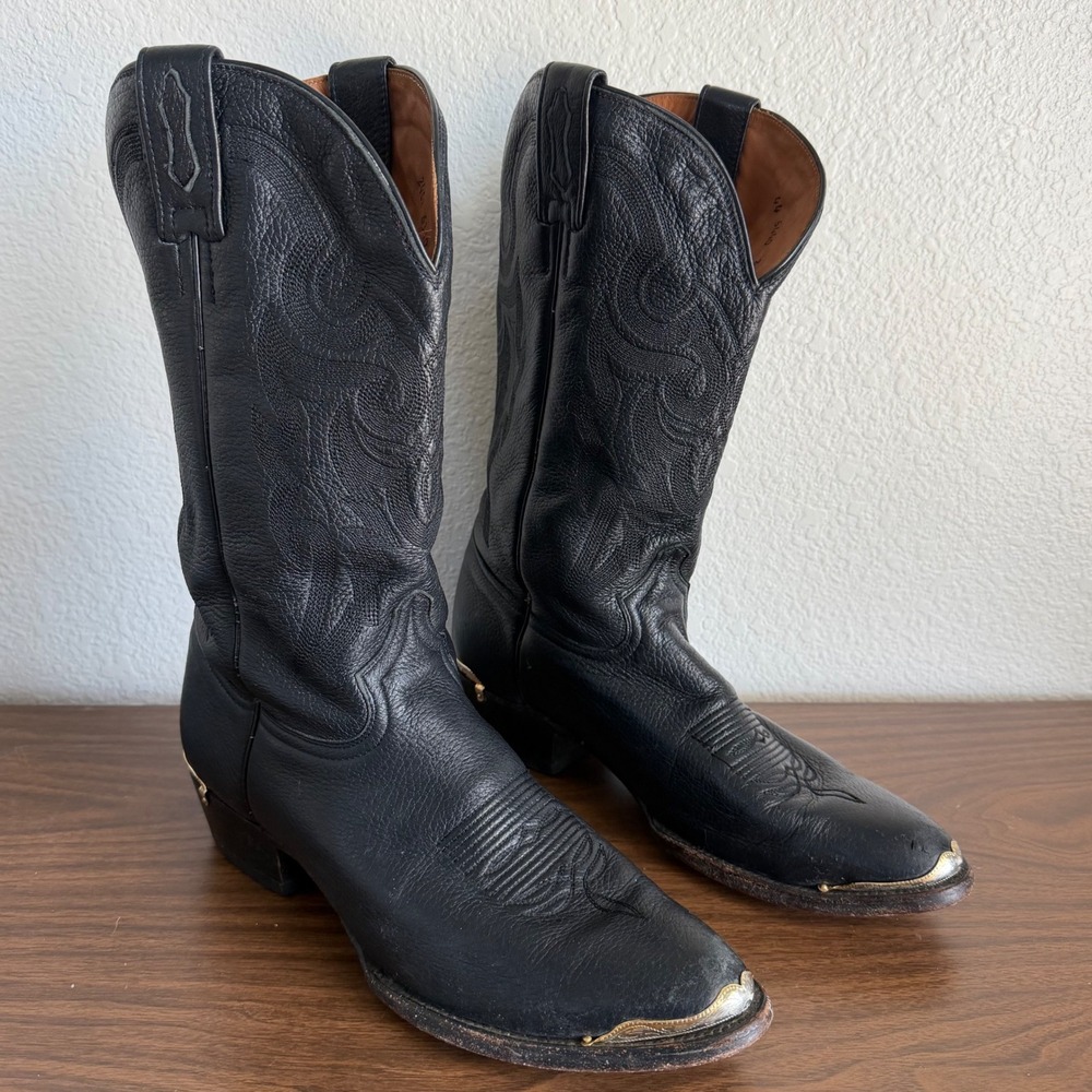 El General Black Leather Western Cowboy Boots Pointed Toe Metal Tips Mens 9